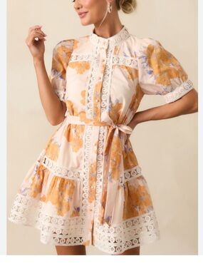 New Victorian Boho Honey Yellow Floral Crochet Lace-Trim Bow Tie Mini Dress